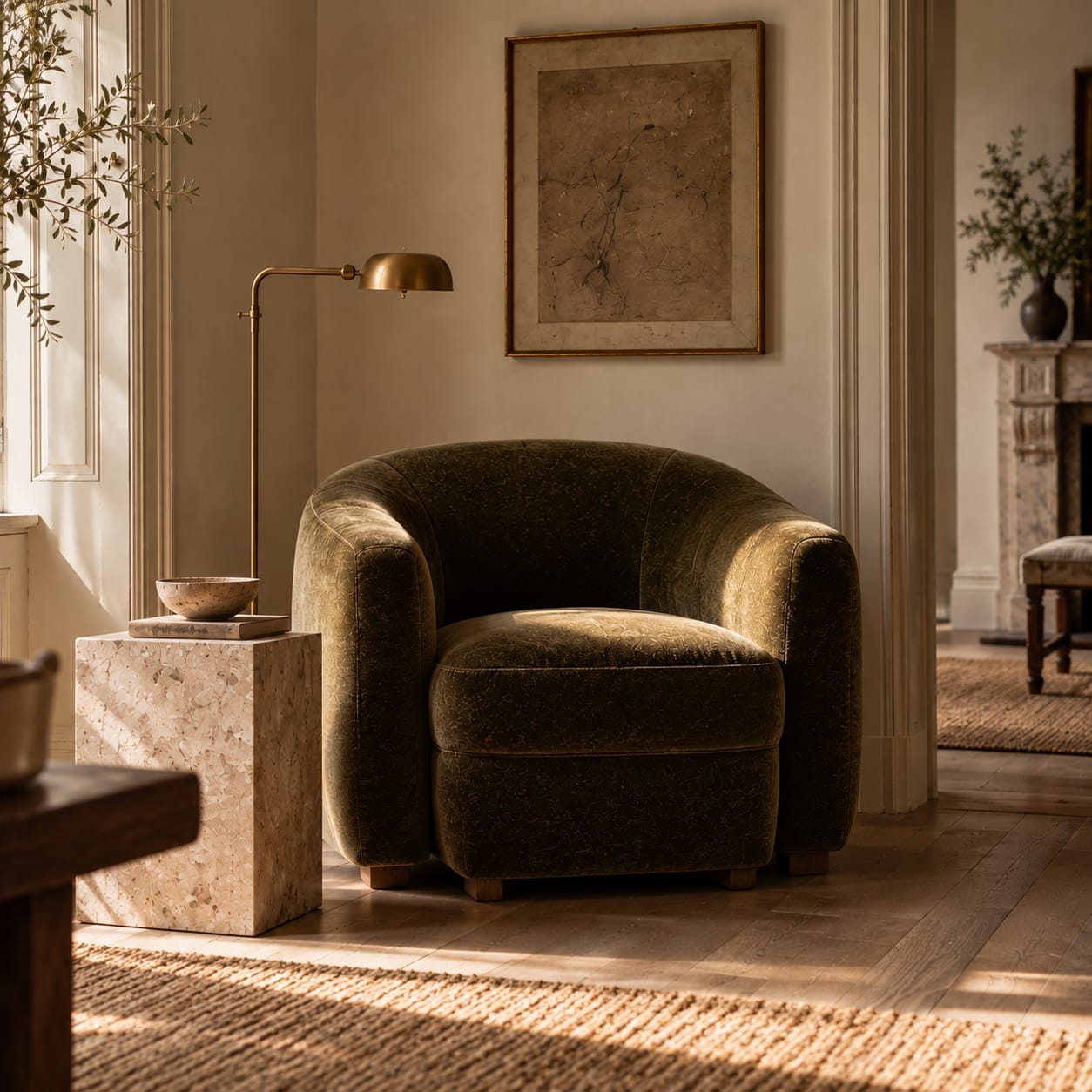 A curved armchair in olive velvet on a pale timber floor, a slim brass reading lamp arching over it, a stone plinth table carrying a shallow bowl to its left, and a framed drawing on the wall behind.