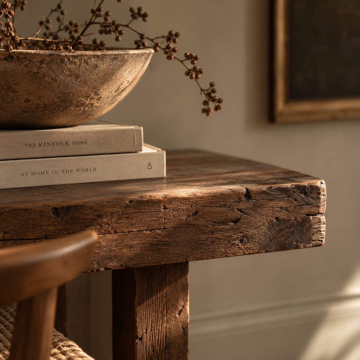 The corner of a reclaimed timber table in low sunlight, its sawn edge and splits left visible, carrying two linen-bound books and a weathered stone bowl of dried seed heads.