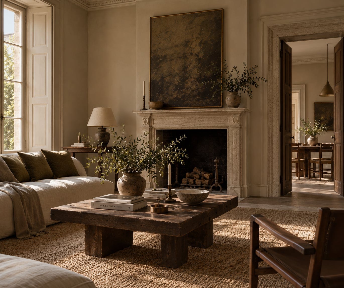 A drawing room in late afternoon light: a carved stone fireplace on the centre line beneath a large dark abstract canvas, a low reclaimed-timber table carrying books, brass candlesticks and a stone bowl, a linen sofa with olive velvet cushions to the left, and an open doorway to the right giving onto a dining room.
