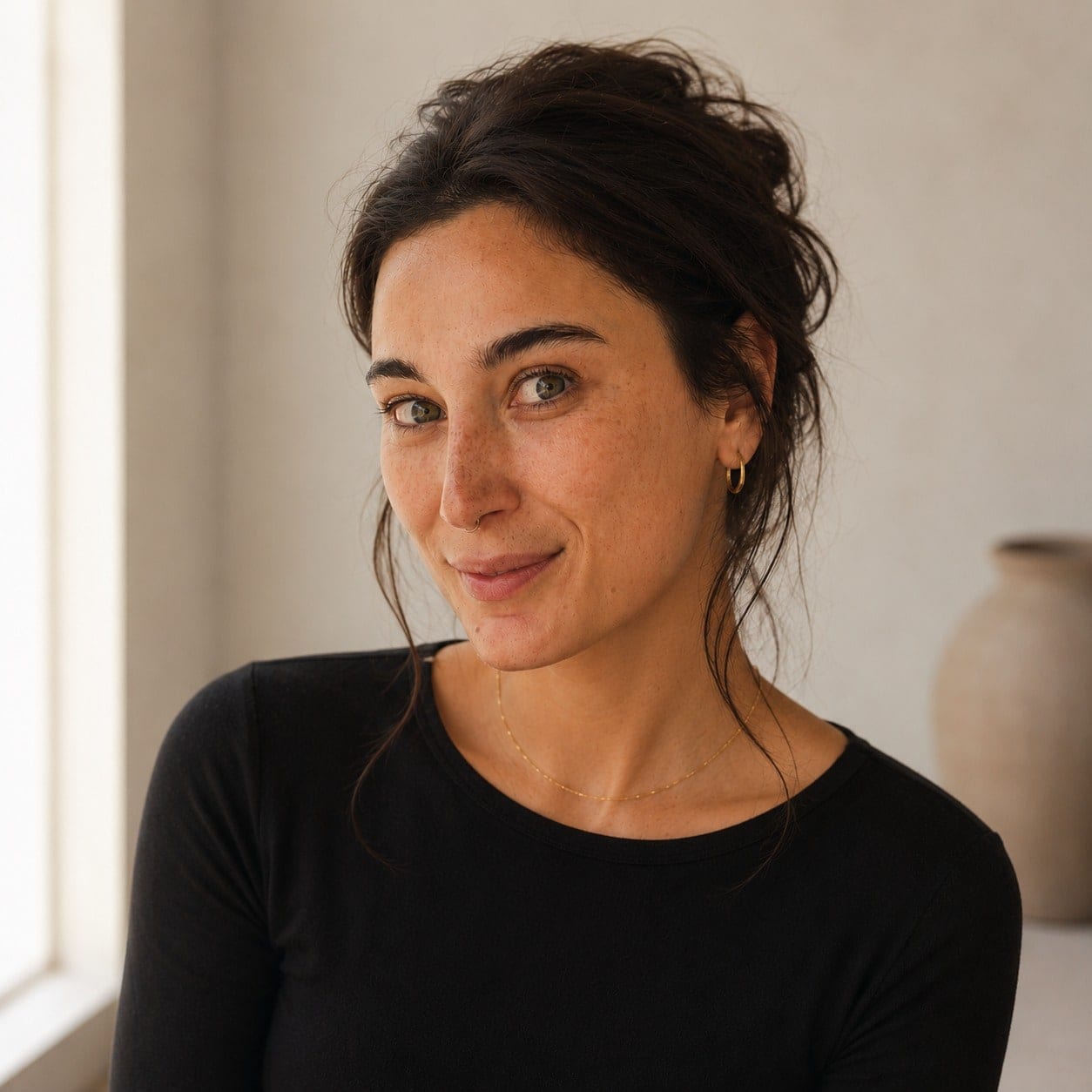 Ella Bailey in close portrait beside a window, turned towards the camera and half smiling: dark hair pinned up with loose strands falling at her temple, a black long-sleeved top, a small gold hoop in her ear and a fine gold chain at her throat. Daylight from the left washes the pale plaster wall behind her, where a tall pale ceramic vessel stands out of focus.