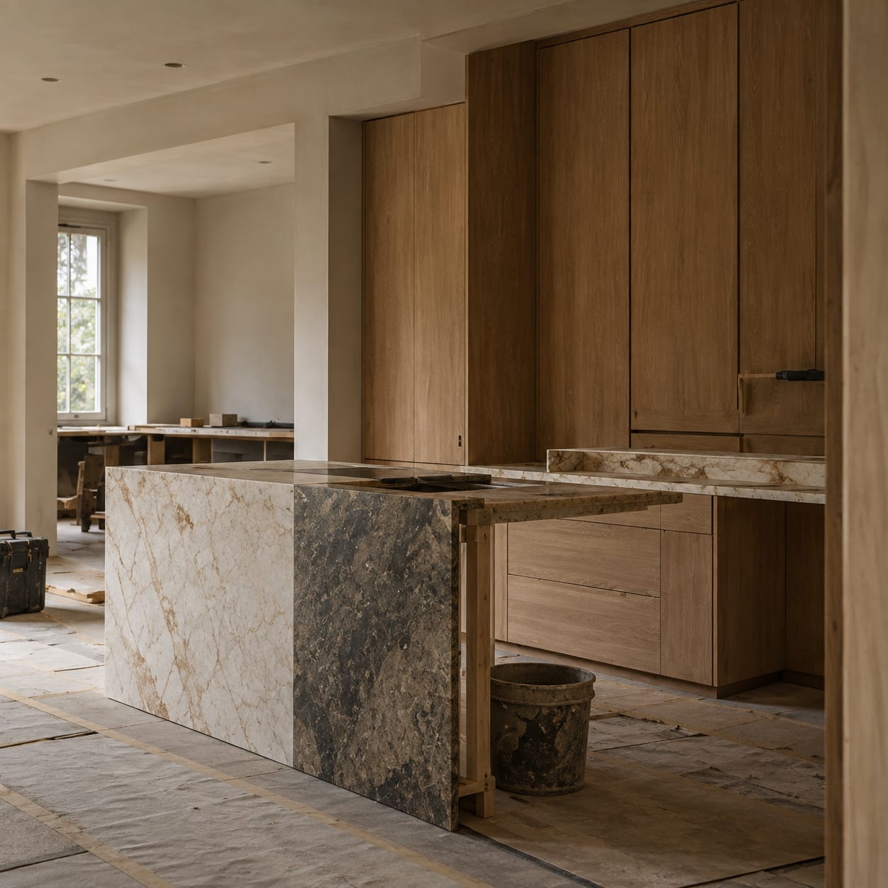 A kitchen part way through installation: an island faced in bookmatched marble running from pale cream to dark grey-brown, full-height oak cabinetry behind it and a marble worktop along the wall. The work is not finished — a joiner's trestle stands under the worktop overhang, a paint-stained metal bucket sits on the floor, a tool case rests against the wall and trestle tables fill the room beyond. Protective boards taped at their seams cover the floor throughout.