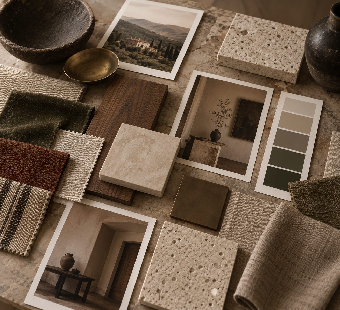 A flat-lay of materials on a stone table: folded textiles in olive velvet, rust bouclé, oatmeal linen and striped ticking; a length of dark walnut; two tumbled travertine tiles and a bronze square; a carved wooden bowl and a small brass dish; a paint card running from chalk white to deep olive; and three photographic prints — a hillside villa among cypresses, a plastered room with a vase on a console, and a doorway in a bare stone hall.