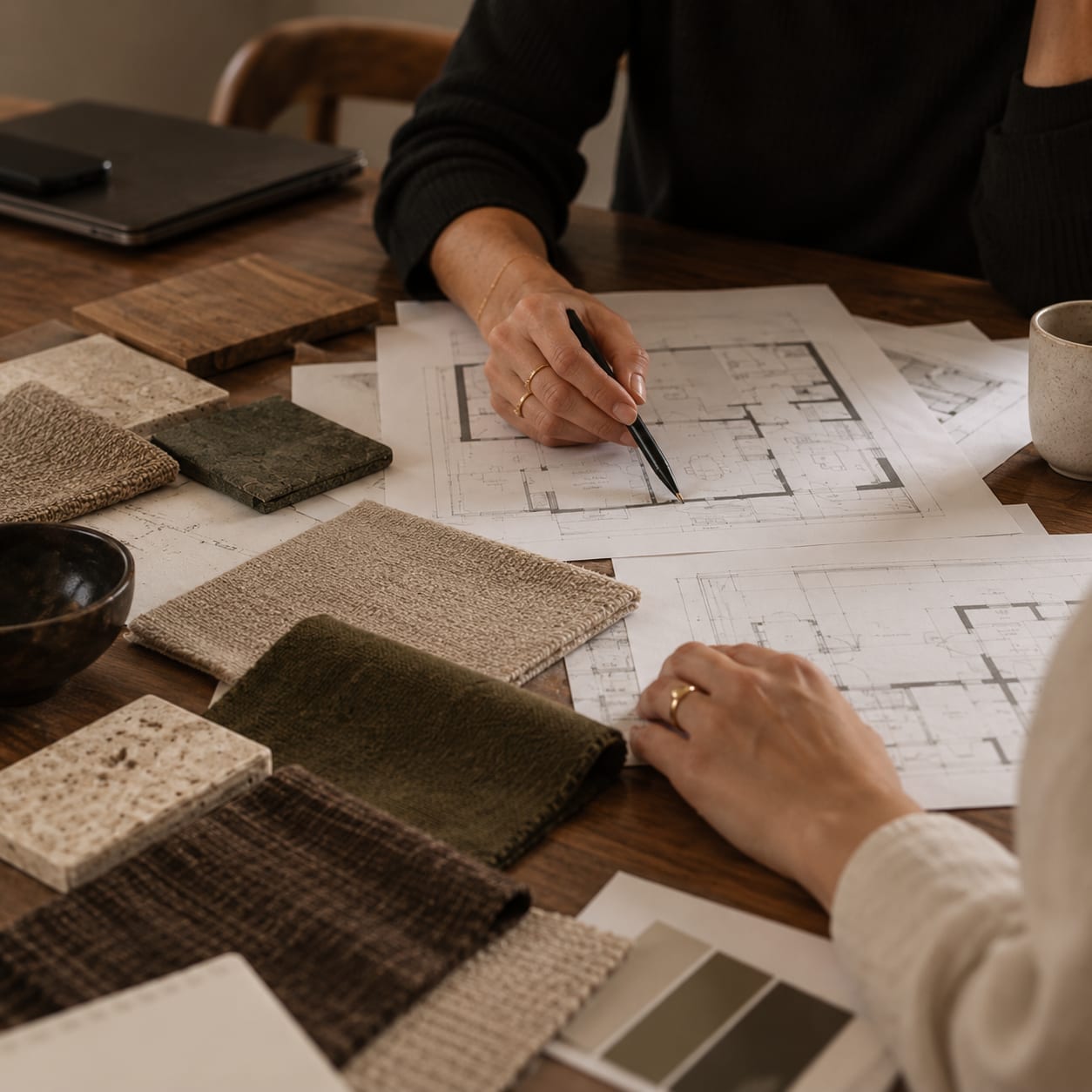 Two people working across a dark timber table, seen from the chest down. One, in a black jumper, holds a pen over a printed floor plan; the other, in a cream knit, rests a hand on a second plan beside it. Material samples are spread around them — a travertine tile, a timber board, folded wools and linens in oatmeal, olive and dark brown, and a strip of paint chips. A laptop sits closed at the far edge of the table beside a stoneware mug.